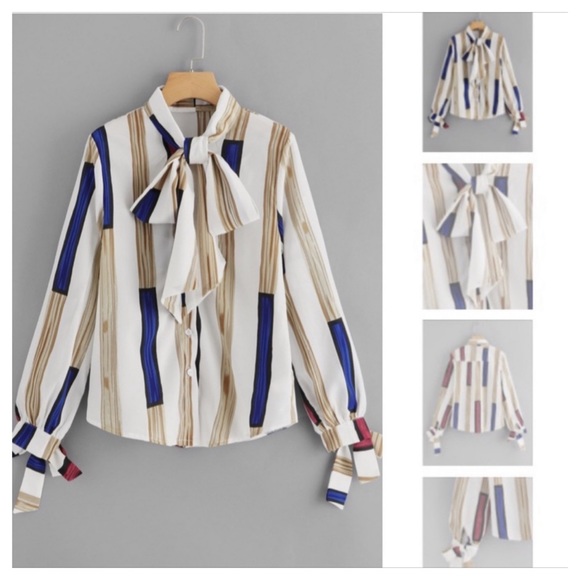 51Twenty Tops - STRIPE PUSSY BOW LONG SLEEVE TOP